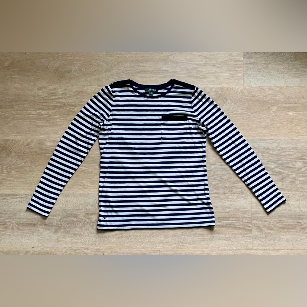 Lauren Ralph Lauren Women’s Size S Striped Long Sleeve Tee Navy Blue Velour Trim